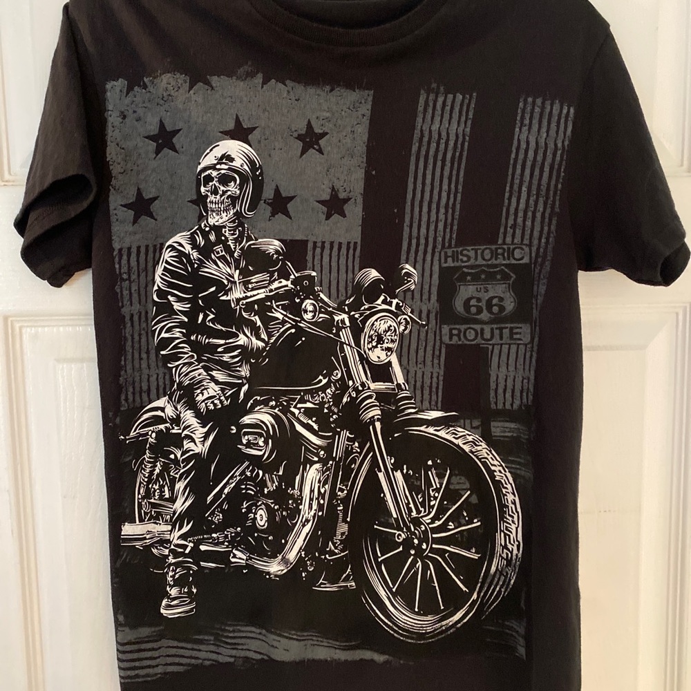 Historic route 66 skeleton man on motorcycle